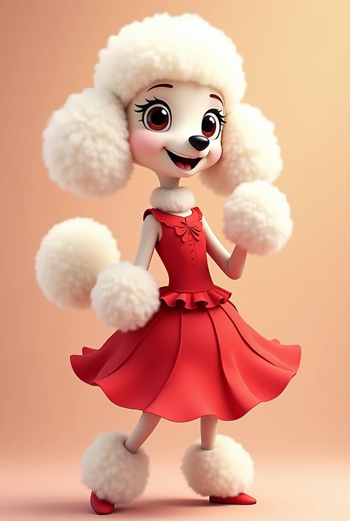 Create an image of an animated poodle wearing a red dress, standing and would be