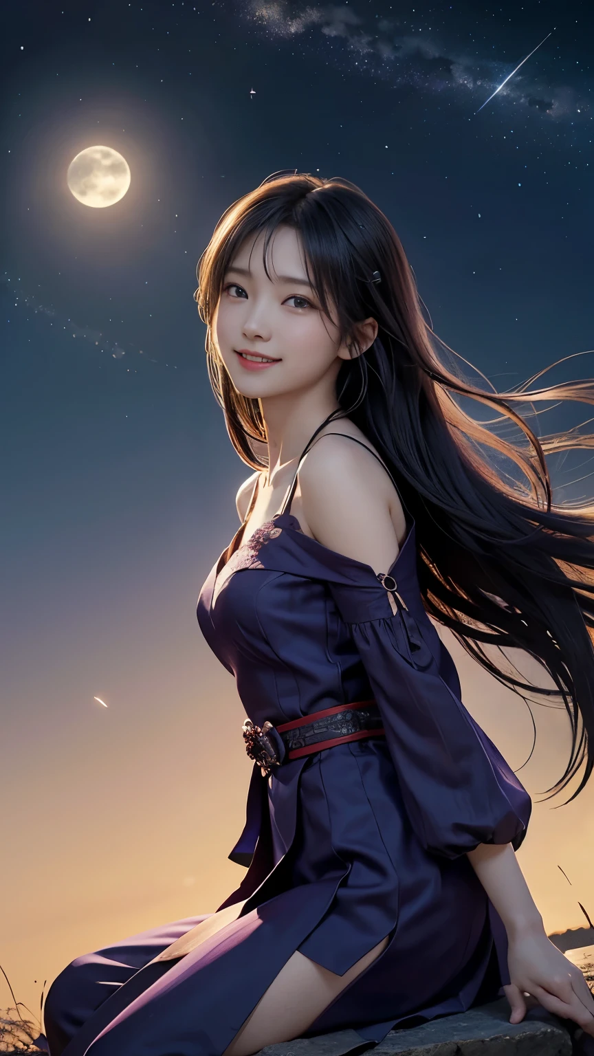 (logo、masterpiece、8k、Tabletop、RAW Photos、wonderful、最high quality、フォトリアルでVery detailedなCG合成8k壁紙、high quality、Very detailed、Narrative poem、Particle Effects、Dynamic Effects、Depth of the Boundary)What is written is、Cinematic Light、Lens flare、Ray Tracing）、Fantasy、（Purple Dress）、（night、night空、Starry Sky、full moon）、（Girl looking up at the sky）、sit、cute、Japanese style、 (smile)、Long Hair、Strong winds、(Hair blowing in the wind)、Natural light、moonlight、(Horizontal photography)、(chest emphasis)、(Low position)、(Low - Angle)
