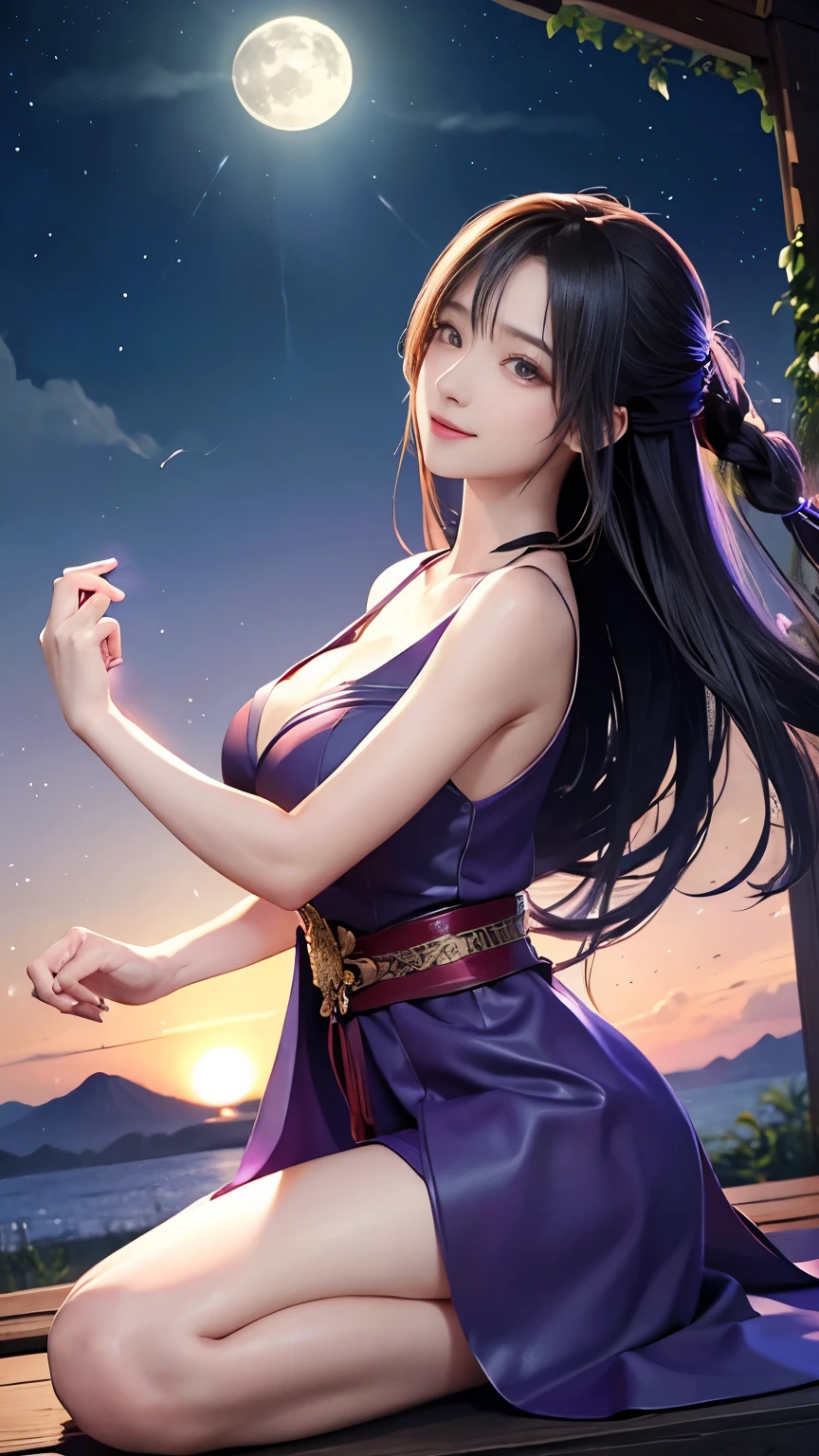 (logo、masterpiece、8k、Tabletop、RAW Photos、wonderful、最high quality、フォトリアルでVery detailedなCG合成8k壁紙、high quality、Very detailed、Narrative poem、Particle Effects、Dynamic Effects、Depth of the Boundary)What is written is、Cinematic Light、Lens flare、Ray Tracing)、Fantasy、(Purple Dress)、(night、night空、Starry Sky、full moon)、(Girl looking up at the sky)、sit、cute、Japanese style、 (smile)、Long Hair、Strong winds、(Hair blowing in the wind)、Natural light、moonlight、(Horizontal photography)、(chest emphasis)、(Low position)、(Low - Angle)