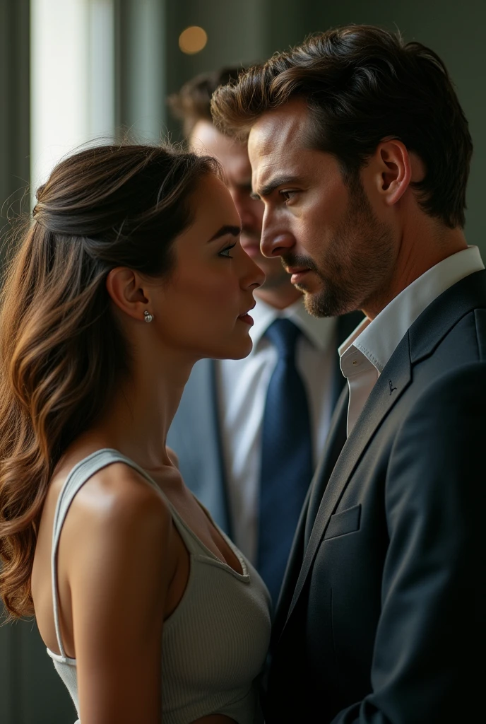 A woman would be young, 25 to 27 years old., brown hair and dark skin. Next to her is a young 30-year-old man in a suit, serious and staring at her, and behind them is another angry man, jealous of them..