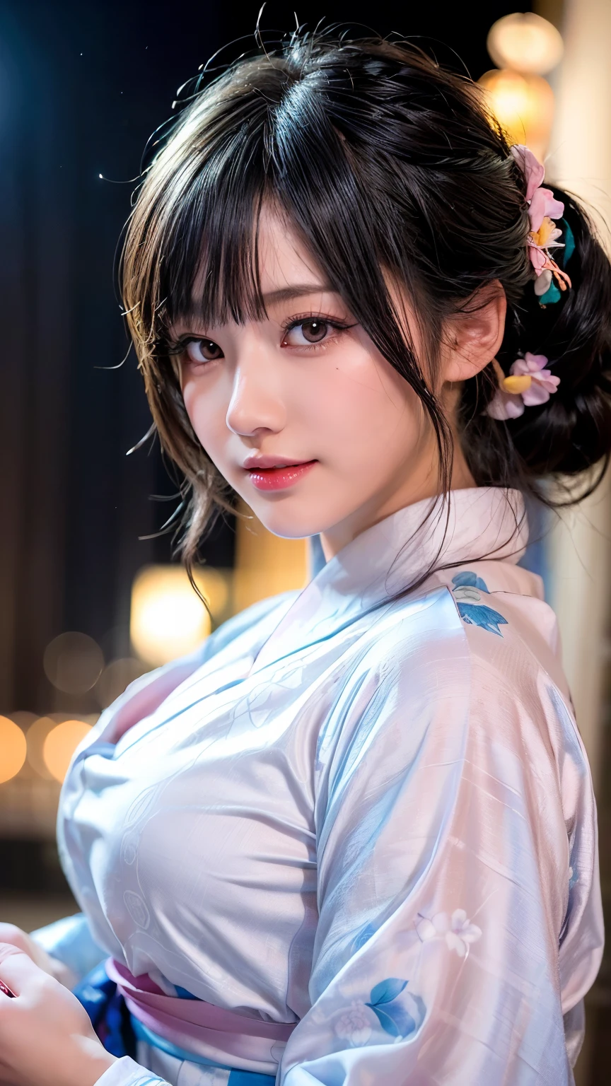 (logo、masterpiece、8k、Tabletop、RAW Photos、wonderful、最high quality、フォトリアリスティックでVery detailedな CG 複合 8k 壁紙、high quality、Very detailed、Narrative poem、Particle Effects、Dynamic Effects、Depth of the Boundary、Cinematic Light、Lens flare、Ray Tracing)、 (One beautiful woman wearing a yukata、White yukata、Light purple pattern)、Black-haired、High definition skin、Very fine、Fine skin texture、Beautiful Face、True Face、Beautiful details in the eyes、Realistic eyes、Beautifully detailed eyes、Realistic Skin、Beautiful Skin、Surreal、Smiling Eyes、Hair and light eyes、vivid、Colorful lights and bokeh、plump lower lip、Pink Lips、Hair flutters in Wind、Hair bounces、wonderful景色、night、evening、Wind、moonlight、moonlight、light