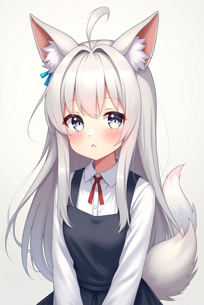Please, a cute Japanese person with white hair！
Her hair is long and her eyes are white.！
I&#39;d like some wolf ears and a tail too!
It&#39;s a uniform!!