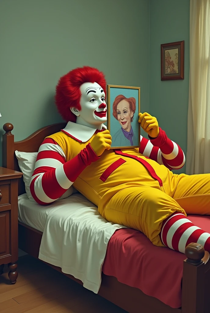 Create Ronald Macdonalds lying on a bed holding a painting to his face, You can use as a reference the image of Wolverine holding a painting that is famous on the internet 