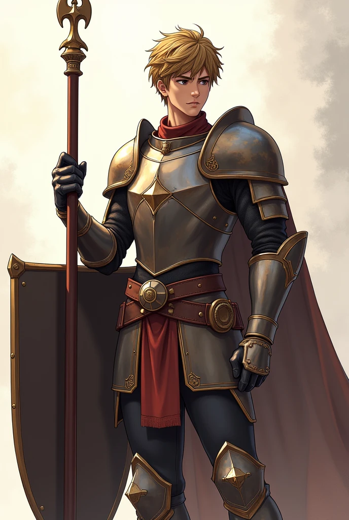 Anime young male paladin with a determined expression, wearing detailed armor and wielding a lance and a large shield, the armor its heavy