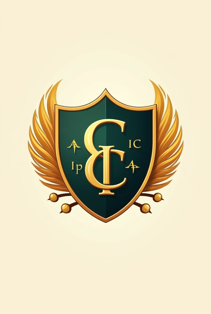 Bachelor's promotion number 43 with a beige background and with gold, black and green details inside the logo with the letters C.I.C and golden wings with flames around them and spike branches