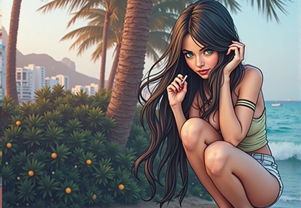 create a brunette with long black hair very beautiful sexy posing squatting on Copacabana beach in Rio de Janeiro with a sexy face and green eyes holding a marijuana cigarette on the beach