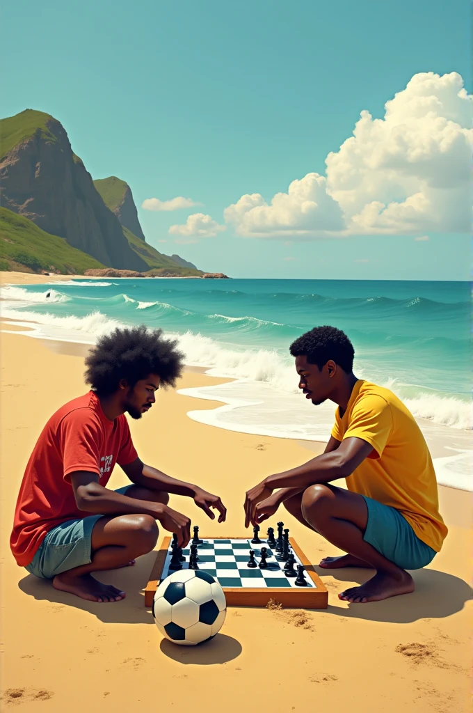 two people playing chess and football on Ponta Negra beach RN