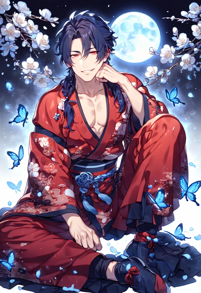 absurdres, highres, ultra detailed, HDR, master piece, best quality, extremely detailed, Koujaku, dark navy hair that is short and a little chopped at the top, has a thick fringe over the right side of his face and keeps the rest tied, expressive red eyes, Dramatical Murder, solo, sexy man sitting, handsome, handsome smile, manly man, sensual, horny, red kimono, patterns, black pants, fantasy, magical, blue moon, blue flowers, blue butterflies, blue petals, blossoms, water