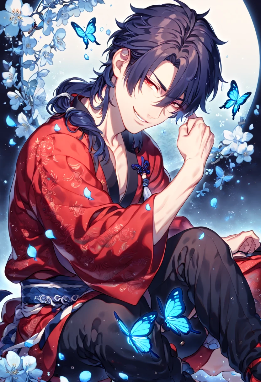 absurdres, highres, ultra detailed, HDR, master piece, best quality, extremely detailed, Koujaku, dark navy hair that is short and a little chopped at the top, has a thick fringe over the right side of his face and keeps the rest tied, expressive red eyes, Dramatical Murder, solo, sexy man sitting, handsome, handsome smile, manly man, sensual, horny, red kimono, patterns, black pants, fantasy, magical, blue moon, blue flowers, blue butterflies, blue petals, blossoms, water