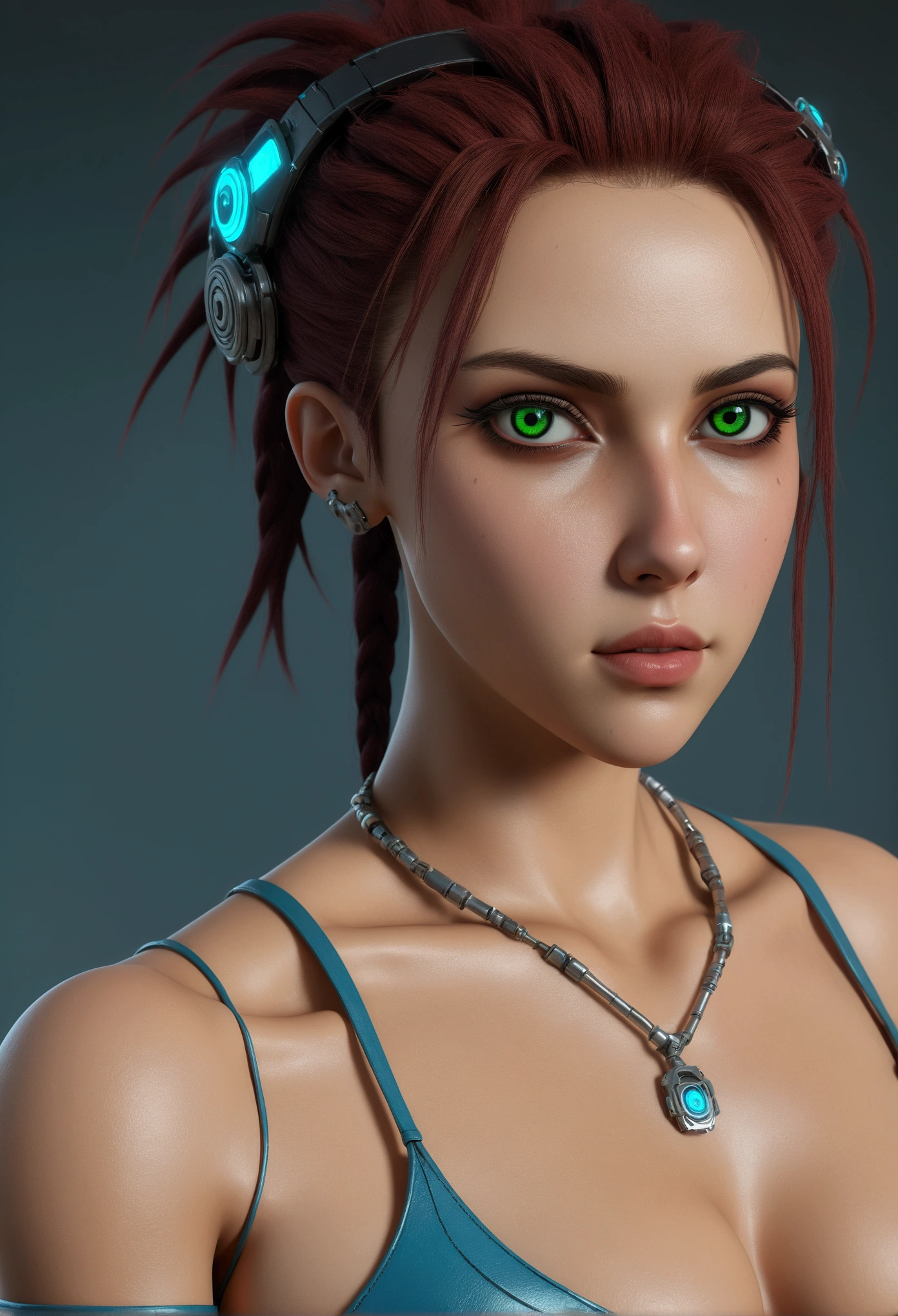 ((best qualityer)), ((Masterpiece artwork)), (highy detailed:1.3), ....3d, Bela (cyber punk:1.3) woman hacker with thick voluminous hair operating a computer terminal, nsfw Ultra realism, high resolution, NVIDIA RTX ray tracing, Full-body image, organic female cyborg, slightly-smile, gazing at viewer, sexual arousal, eyes with green and blue heterochromia, ((mechanical body)), perfectbody, Broad Hips, defined abs, thick legs with defined muscles, big perky breasts, goose bumps, brown skin, skin with a slight sheen of sweat, hero landing position, (pose sexy), Proportion of mayors