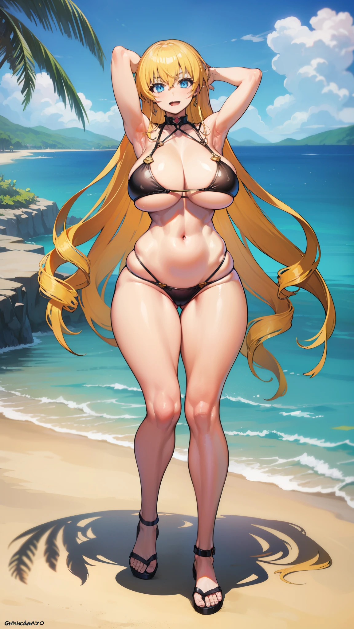 ,view viewer ,very long hair,long hair, blue eyes,,large breasts,,,smile,open mouth,cleavage,huge hips,thick thigh,,wide hips,narrow waist,, beach,Bright glossy screen,beach,resort beach,underboob,ocean,embarass,Thin waist, thick hips, hourglass figure, butt augmentation, round ass, embarass,torogao,from front, ,navel,stomach,arms up,armpits,white skin,long hair,long hair,very long hair,full body,blonde