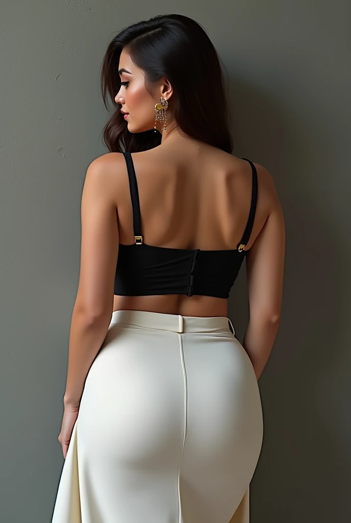 Beautiful lady in black top black bra and white skirt with big chest and big back