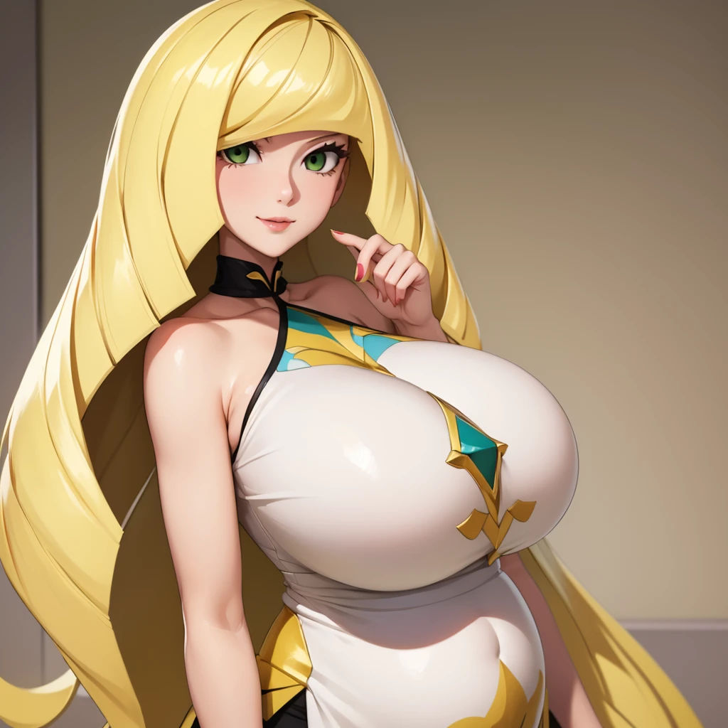 (Highest quality). (Super detailed). (One girl), View the viewer. (Detailed Background). Beautiful and fine details. Delicate and beautiful face. (High saturation), Big breasts, Saggy breasts, Sexy Chinese Dress, whole body, Long legs, (((Huge breasts))),Blonde,lusamine,pregnancy,smile，Big belly,brainwashing,Hypnosis