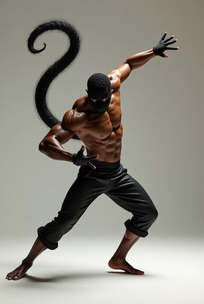 A capoeira player with a black tail and a black mask on his face, shirtless black man a fighter