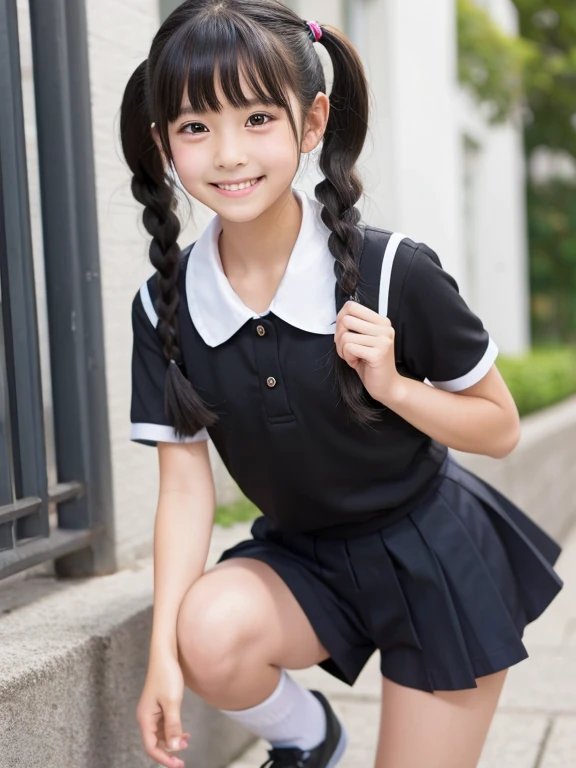 cute, girls, , black hair, twin tails, school uniform, short sleeves, shorts,medium bust, smile, blush, shiny skin