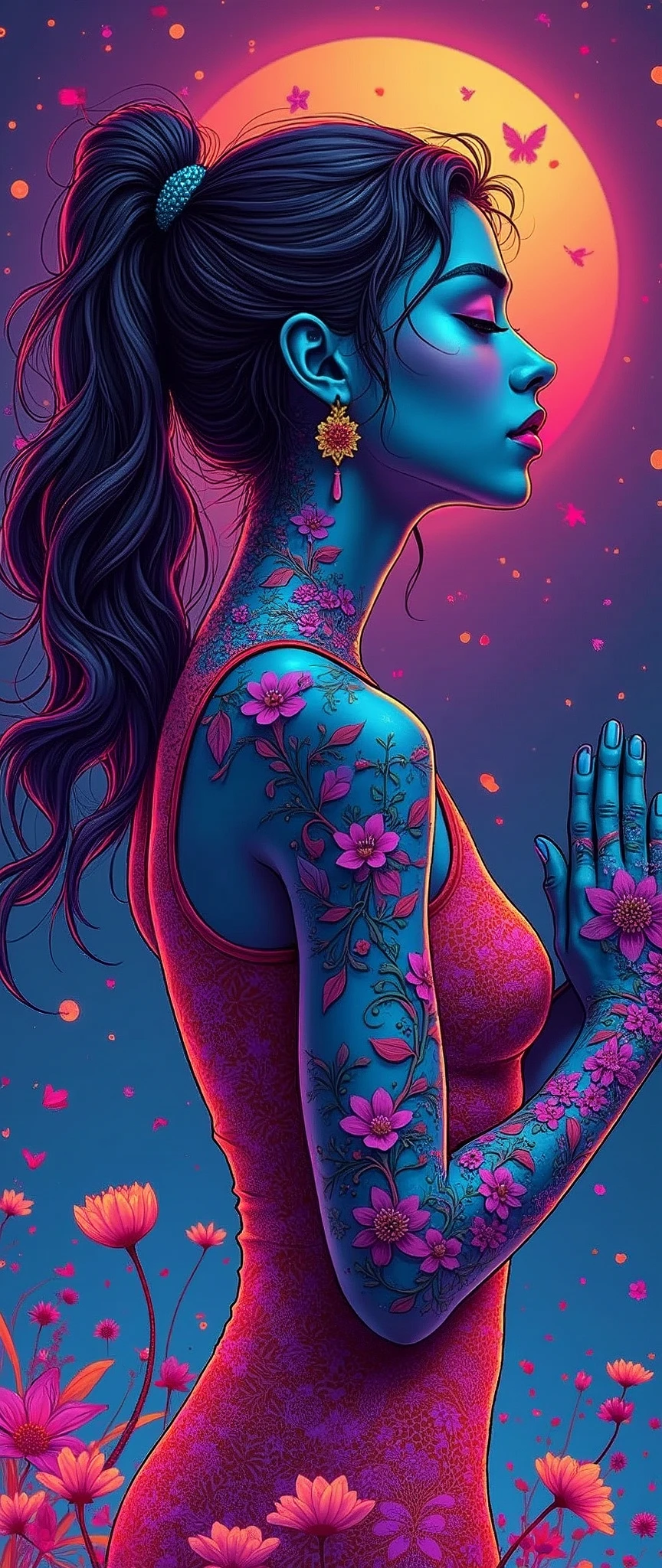 (masterpiece:1.2),(Highest quality),(Super detailed),(Ultra-high resolution),(Best illustrations),8k,wallpaper,(1 female),whole body,The theme is gratitude,psychedelic,Neon color,Vector art,Layered textures,progressive,pop