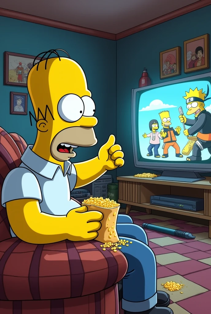 Homer Simpson eating grated cheese, and watching naruto shippuden