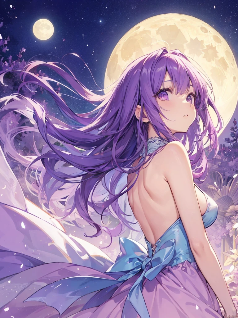 Beautiful girl with long purple hair and princess dress, side boob exposed Screentone processing Looking up at the moon Shaded painting style
