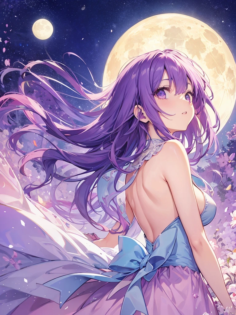 Beautiful girl with long purple hair and princess dress, side boob exposed Screentone processing Looking up at the moon Shaded painting style