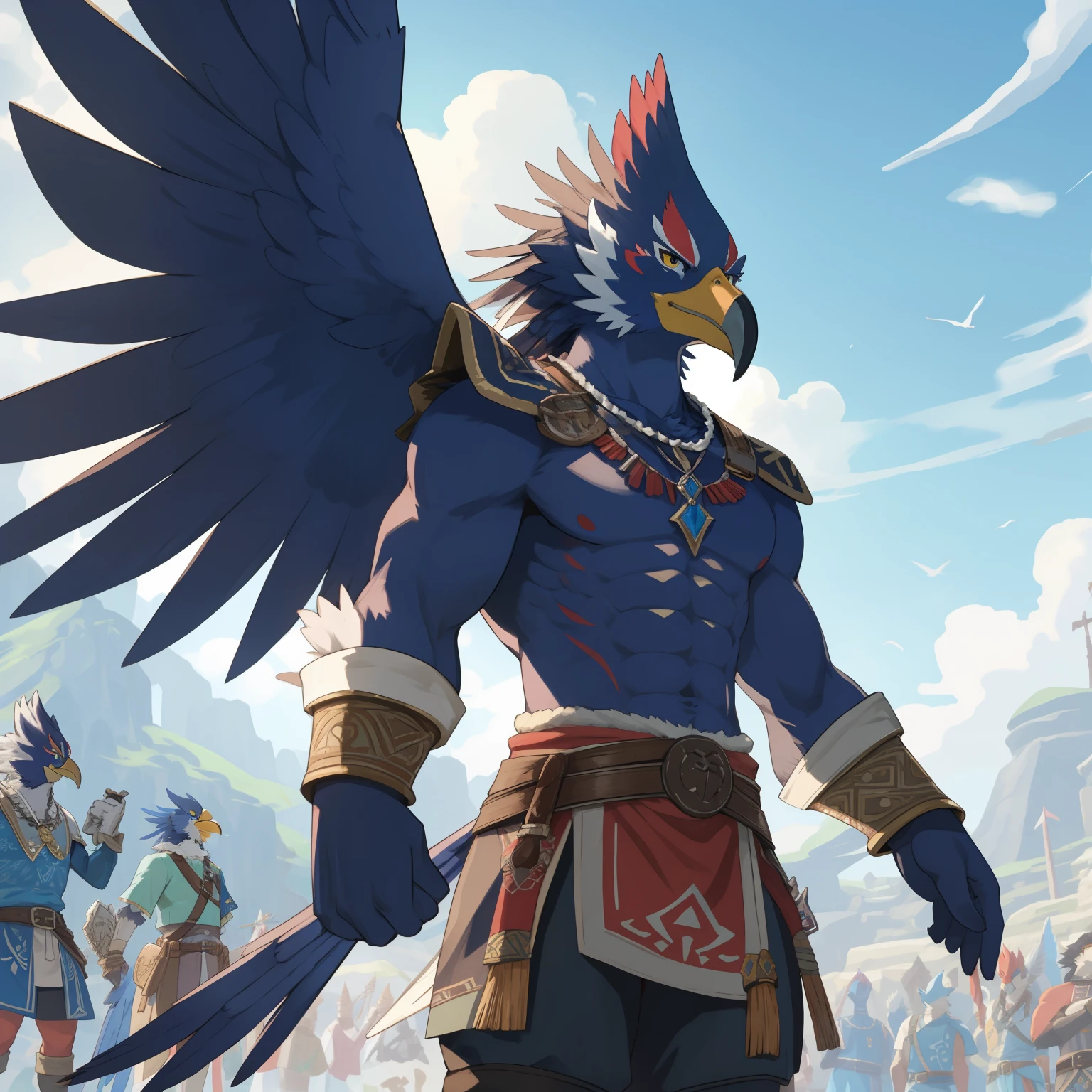 zelda breath of the wild,Revali,male,Birdman,featheredwings,bird wings,aldult,alone,4K,best quality,whole body,looking at the audience,slim body,lean muscle,hairy body,Bird&#39;s tail and upper body exposed,bared  chest,Hairy chest, Pink nipples, Six-pack abs, biceps, anatomically correct,Delicate fur,pride,soft shadow,majestic,Detailed face,High quality eyes,Green eyes,black pupils,Sharp eyes,Grandiose,Valiantary, Loincloth,Smile confidently,Strong,mature,Blue sky and white clouds,The sun shines,forest background