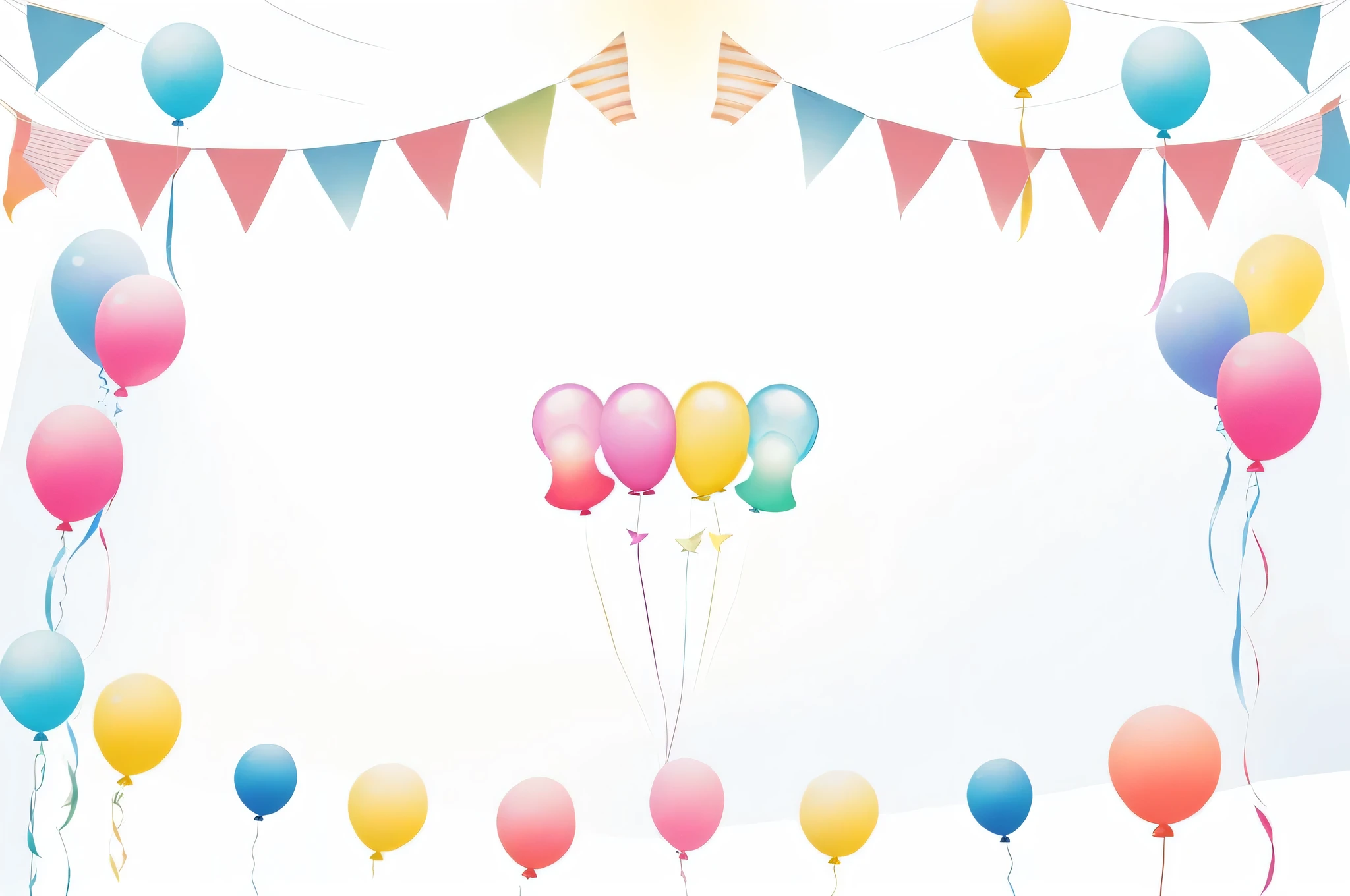 Close-up of a birthday card with balloons and flags, summer festival in background, background(solid), stage background, carnival background, Midsommar Color Theme, Wide Scene, basic background, Bright atmosphere, background colorful, on simple background, ballroom background, background image, iconography background, No text, Decorated height, Lighthearted celebration, Bright and happy atmosphere