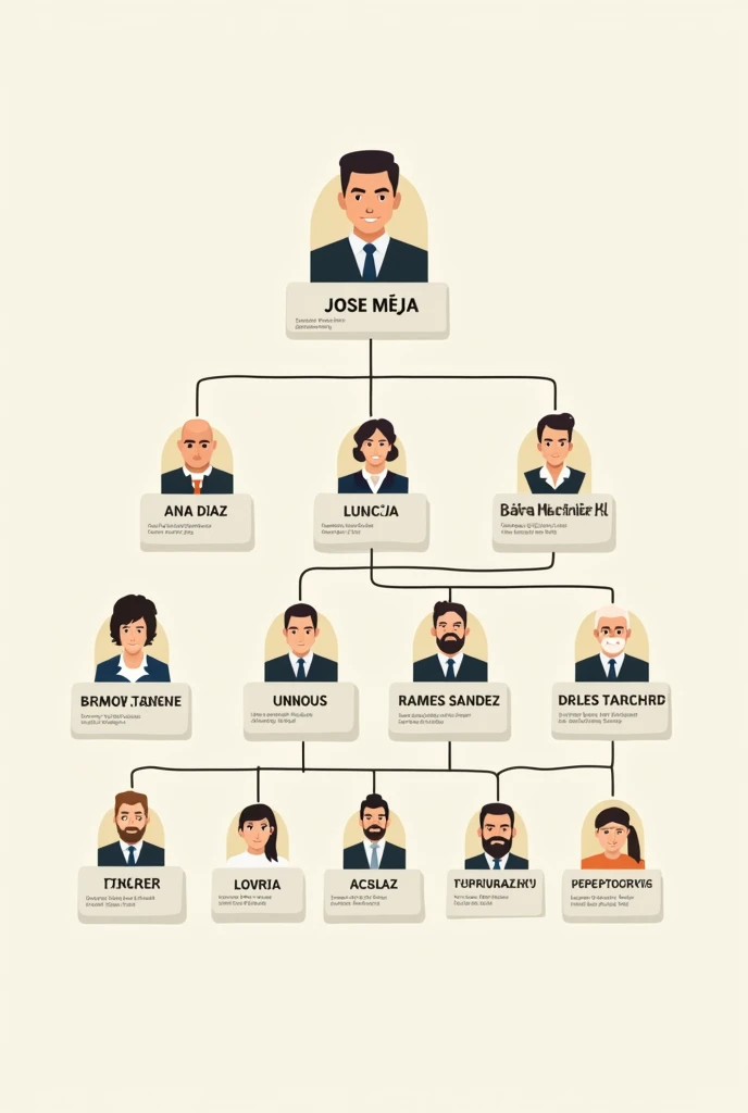 I want to create an organizational chart for a cabinetmaking shop with the following positions IN SPANISH JOSE MEJIA- manager ANA DIAZ- accounting manager LUCIA BAEZ- purchasing manager RAMON SANCHEZ- sales manager LUIS MERCADO- carpenter ANDRES TAVERAS- carpenter's assistant MIGUEL MARTINEZ- upholsterer JULIO GENAO- upholsterer's assistant JORGE ACOSTA- painter ISAIAS MARTE- driver ORLANDO GUTIERREZ- driver's assistant ELENA SANTIAGO- janitor