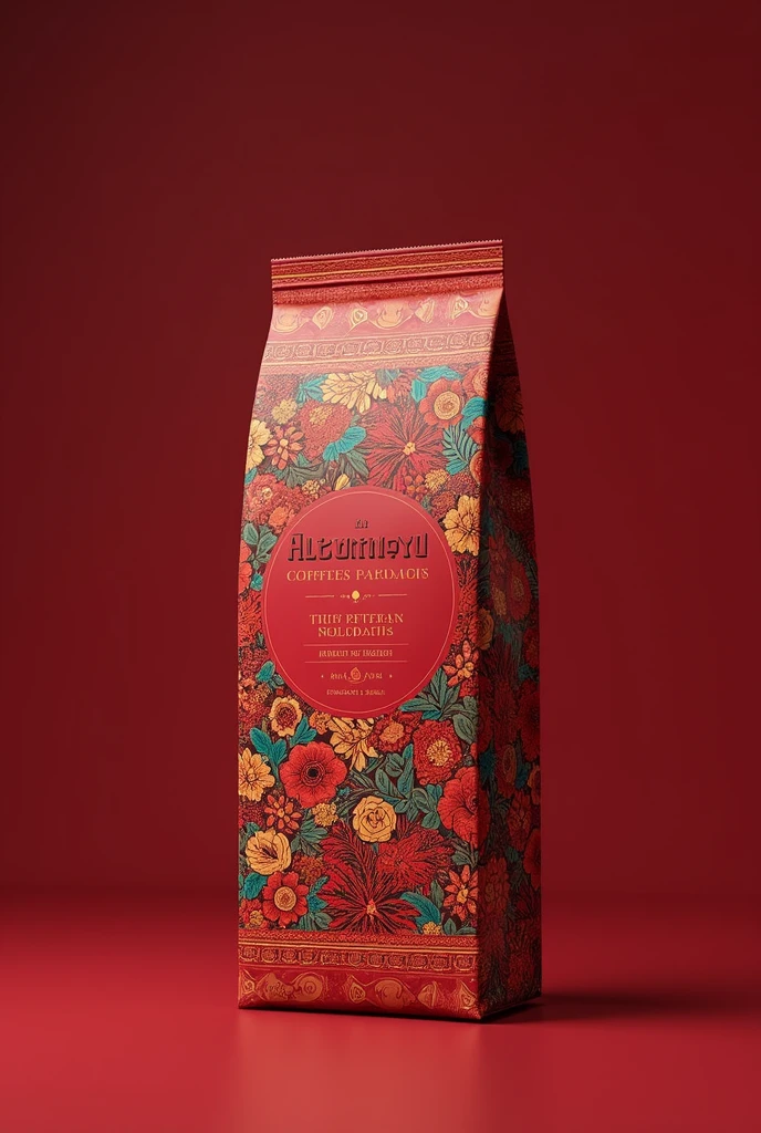 Altomayo coffee packaging inspired by Peruvian national holidays, with wine red color