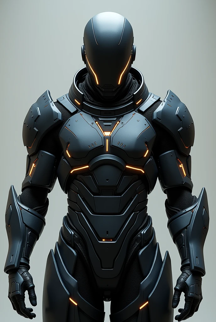 Create a set of sci-fi armor that looks stoic and iconic, drawing inspiration from cyberpunk aesthetics. The design should be bold and imposing, featuring a smooth, visor-less helmet. The armor should incorporate sleek lines, advanced materials, and glowing accents, giving it a powerful and futuristic appearance. The overall look should convey strength and resilience, suitable for a prominent character in a cyberpunk universe