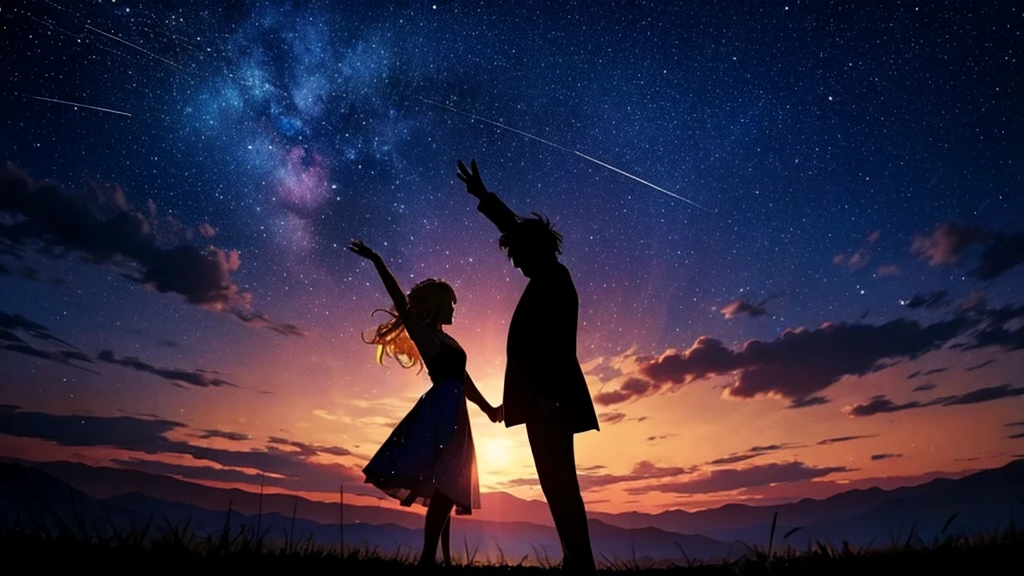 Starry Sky,dance,woman1people々々,silhouette,blonde, dress,blonde long hair,