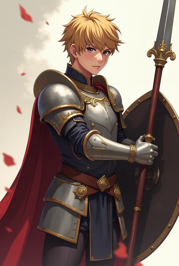 Anime young male paladin with a determined expression, wearing detailed armor and wielding a lance in a hand and a large shield in the other, the armor its heavy