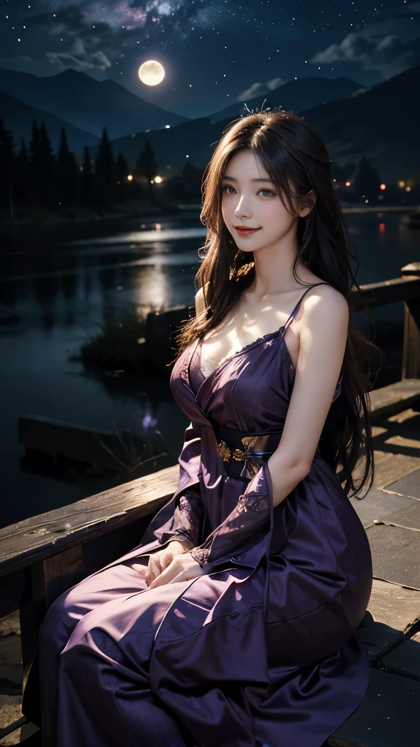 (logo、masterpiece、8k、Tabletop、RAW Photos、wonderful、最high quality、フォトリアルでVery detailedなCG合成8k壁紙、high quality、Very detailed、Narrative poem、Particle Effects、Dynamic Effects、Depth of the Boundary)What is written is、Cinematic Light、Lens flare、Ray Tracing)、Fantasy、(Purple Dress)、(night、night空、Starry Sky、full moon)、(Girl looking up at the sky)、sit、cute、Japanese style、 (smile)、Long Hair、Strong winds、(Hair blowing in the wind)、Natural light、moonlight、(Horizontal photography)、(chest emphasis)、(Low position)、(Low - Angle)