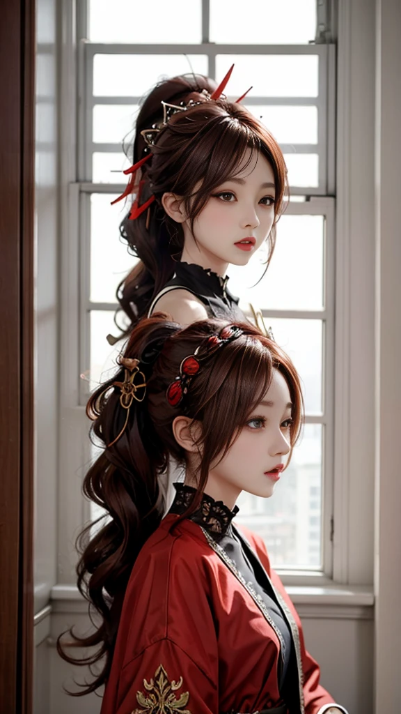 Reddish brown hair，Long hair，High Ponytail Hairstyle，Red headdress，Red Eyes，Red Eyes，