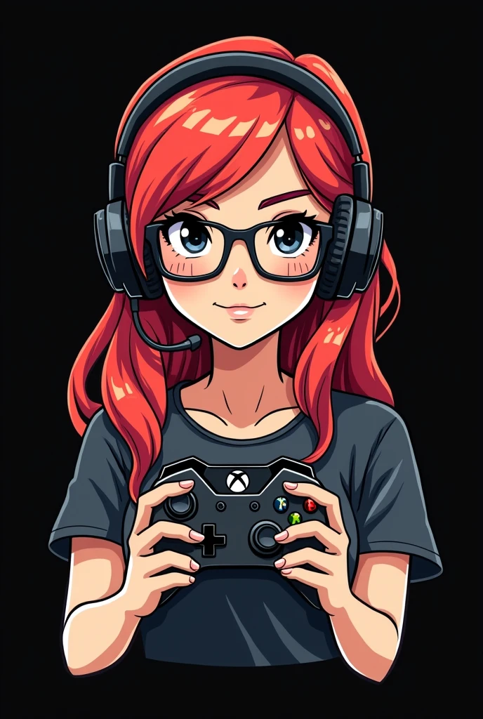 logo of a woman with light red hair, eyes black, with glasses, with gaming headphones, with xbox video game controller in hands, black backdrop, drawing style