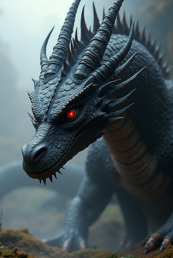Giant Dragon。It's black and majestic。Red eyes。