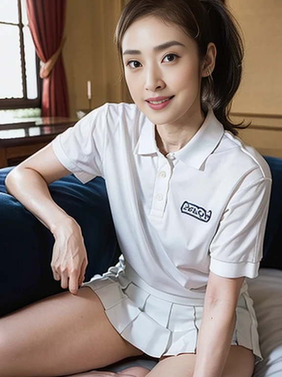 (Masterpiece, Best quality: 1.3), (Ultra realistic, Photo-realistic: 1.2), From above, From side, Lying, Looking at viewer, Natural light, 28 years old actress, Japanese women, Neat and clean, (White sexy tennis uniform, White short-sleeve polo shirt with darknavy line collar:1.2), (unbutton:1.3), (White tennis skirt:1.2), white sock, (Ponytail: 1.2), (Beautiful face), Oval face, clear, Beautiful eyes, Kind eyes, Clear skin, Small face, Beautiful mouth, Small mouth, Natural makeup, Approachable, Seductive smile, (Seductive pose: 1.2), (Beautiful thighs: 1.2), (Bedroom eyes: 1.1), Embarrassed, Blush, Luxury hotel Suite room, On bed,