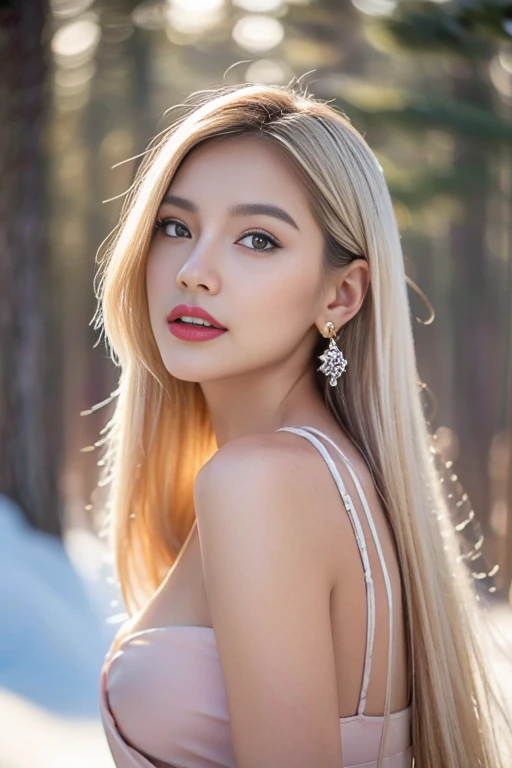 1 girl, Korean model, extremely beautiful, perfect body. Canon EOS R5 camera combined with Canon EF 200mm f/2.8L IS III USM lens adjusted to sharp shooting mode of landscape and whole body. 8K photo quality, lifelike, masterpiece, sharpest and highest contrast, surreal color photos. Pink hair, long and smooth, the wind blows hair beautifully under the bright sunlight. Beautiful face, perfect and sexy, holy, perfectly balanced, beautiful to every detail, ((shiny)), high-end cosmetics makeup. Bright smile, white teeth and details. Sexy glossy red lips, bright glossy red lipstick. Brown eyes, wet, shiny, charming, ((sharp makeup)), realistic, ((wet eyes)), details. Pink eyeshadow, long eyelashes, blush, high-end cosmetics. Two delicate eyelids, perfect and detailed, black eyelashes. Curved, sparse, sharp and detailed eyebrows. High and detailed nose. Prominent and detailed cheekbones. ((White and bright skin)), detailed pores, shiny skin, smooth and supple skin. Long, shiny legs. Beautiful, perfect hands, ((flawless)), no defects. Complex lighting, gold-black rays, ((face lighting)), sparkling sunlight, ((girl body lighting)). Gold and silver earrings, diamond necklace, emerald belt, rolex watch.
Slim fit over-the-knee dress, snow pine tree, snowflakes, fog, cold air, cinematic light, dramatic shadow, fantasy, depth of field, volumetric lighting, snow-covered trees, snow on hair, beautiful background scenery, detailed background, super detailed. Panorama of a girl standing in a snow-covered pine forest.