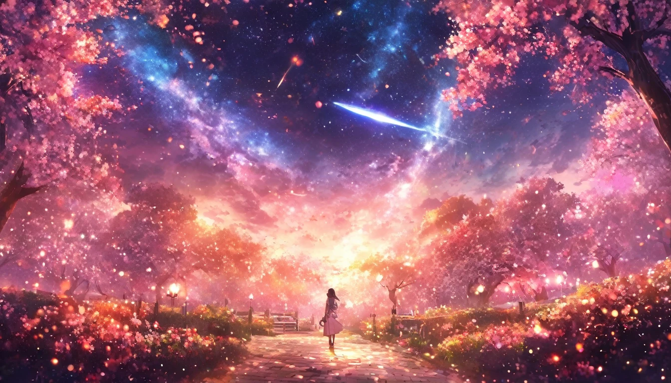 masterpiece, Concept Art, Panorama, in the center, shape, Wide Shot, flower garden, night, (meteor), Space galaxy background, (Great composition, Epic scale), Dynamic Lighting, Bright colors, cherry blossoms,1 girl,garden