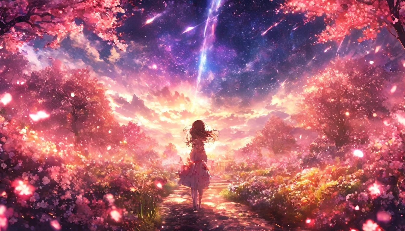 masterpiece, Concept Art, Panorama, in the center, shape, Wide Shot, flower garden, night, (meteor), Space galaxy background, (Great composition, Epic scale), Dynamic Lighting, Bright colors, cherry blossoms,1 girl,garden