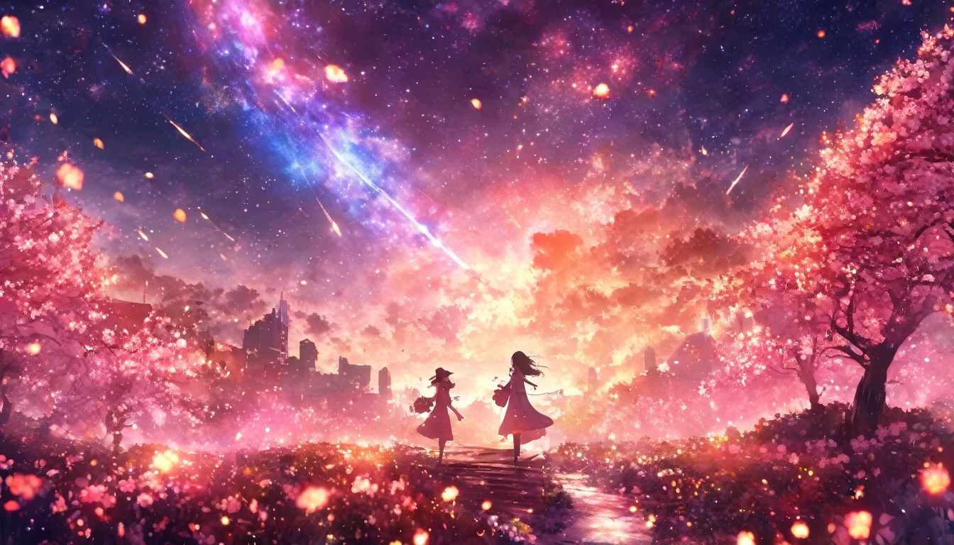 masterpiece, Concept Art, Panorama, in the center, shape, Wide Shot, flower garden, night, (meteor), Space galaxy background, (Great composition, Epic scale), Dynamic Lighting, Bright colors, cherry blossoms,1 girl,garden
