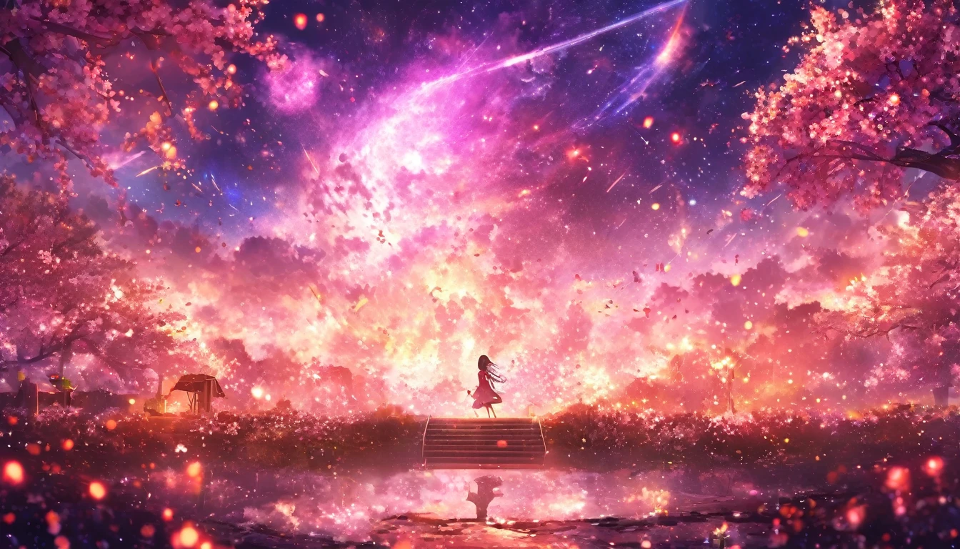 masterpiece, Concept Art, Panorama, in the center, shape, Wide Shot, flower garden, night, (meteor), Space galaxy background, (Great composition, Epic scale), Dynamic Lighting, Bright colors, cherry blossoms,1 girl,garden
