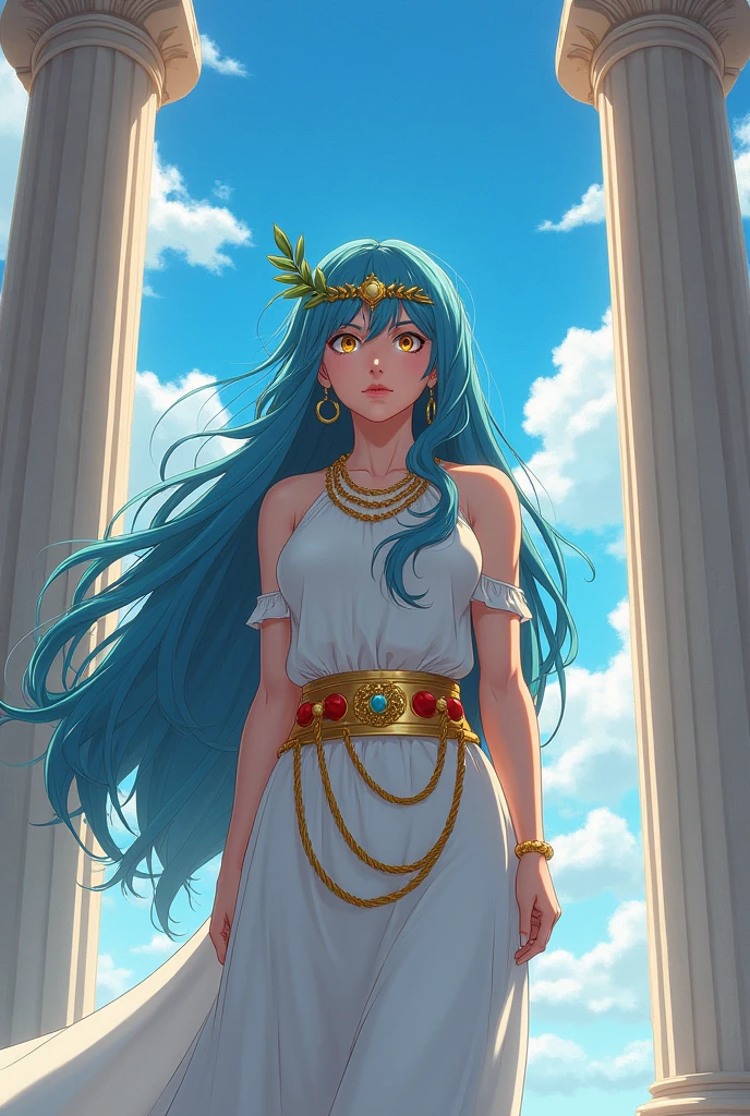 Saint seiya anime style, young adult woman, pale skin, athletic body, traditional ancient greece priestess dress, floor-lenght wavy sky blue hair, yellow sharp eyes, serious facial expression, olive branch hairpin in hair, pomegrenate accessories, background ancient greece temple