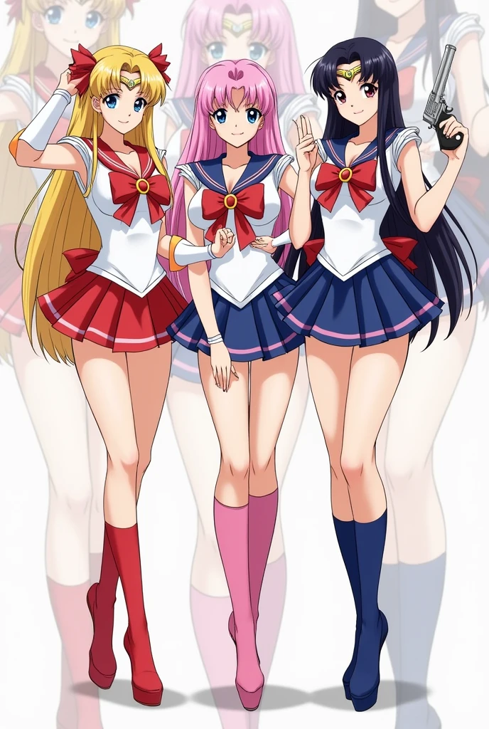 ((Highest quality)), ((masterpiece)), Three Girls, Sailor Moon, leotard, skirt, long handbag, Knee socks, High heels, Ass, Big Breasts, Big Tits, Super Breasts, Plump, Nice body, pants, gun, revolver, Two, 2 Ding, 
