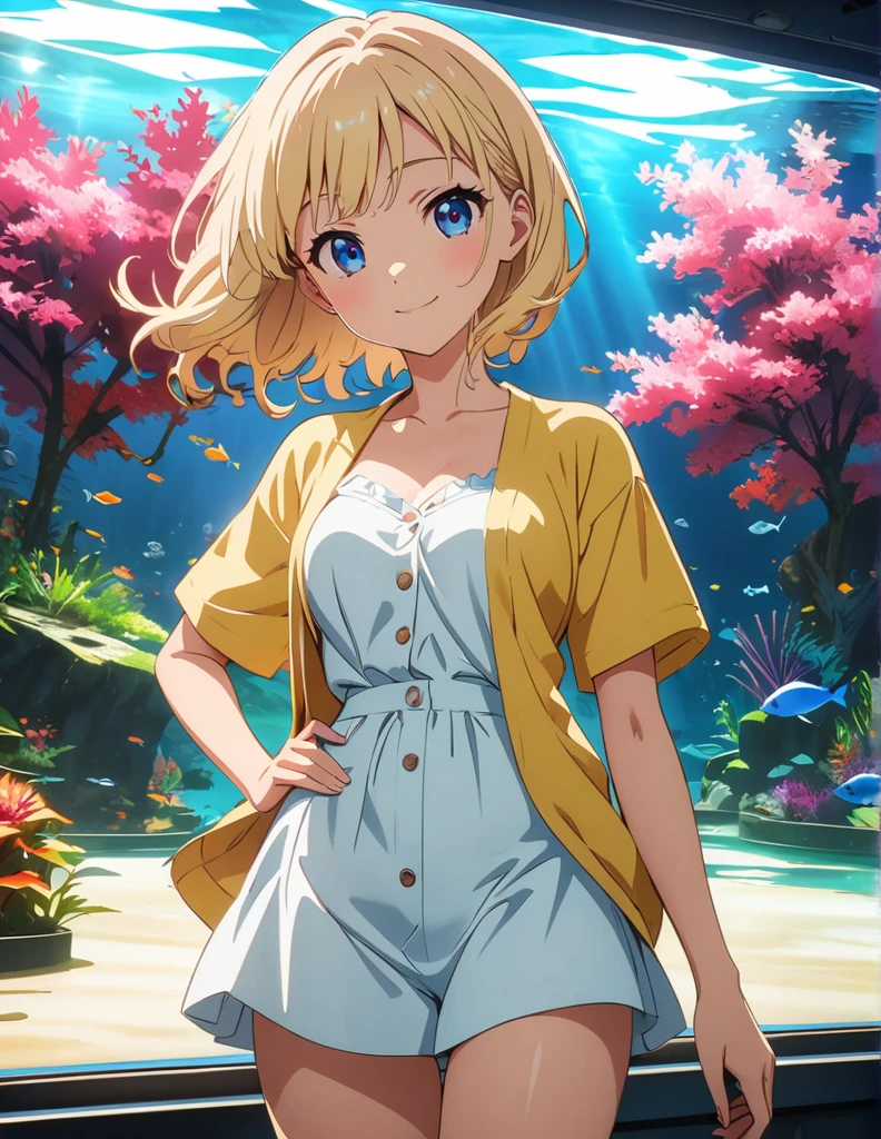 (anime artwork, anime style, studio anime, very detailed, up to date, vibrant, Anime Coloring, high contrast, masterpiece:1.2, best quality, best aesthetics),1 girl, Medium chest, A glimpse of thighs,happy,aquarium,light smile, summer clothes,
