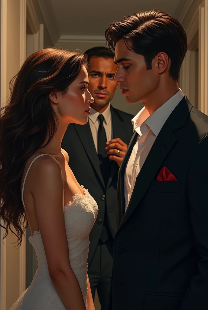 A woman would be young, 25 to 27 years old., brown hair and dark skin. Next to her is a young 30-year-old man in a suit, serious and staring at her, and behind them is another angry man, jealous of them..  