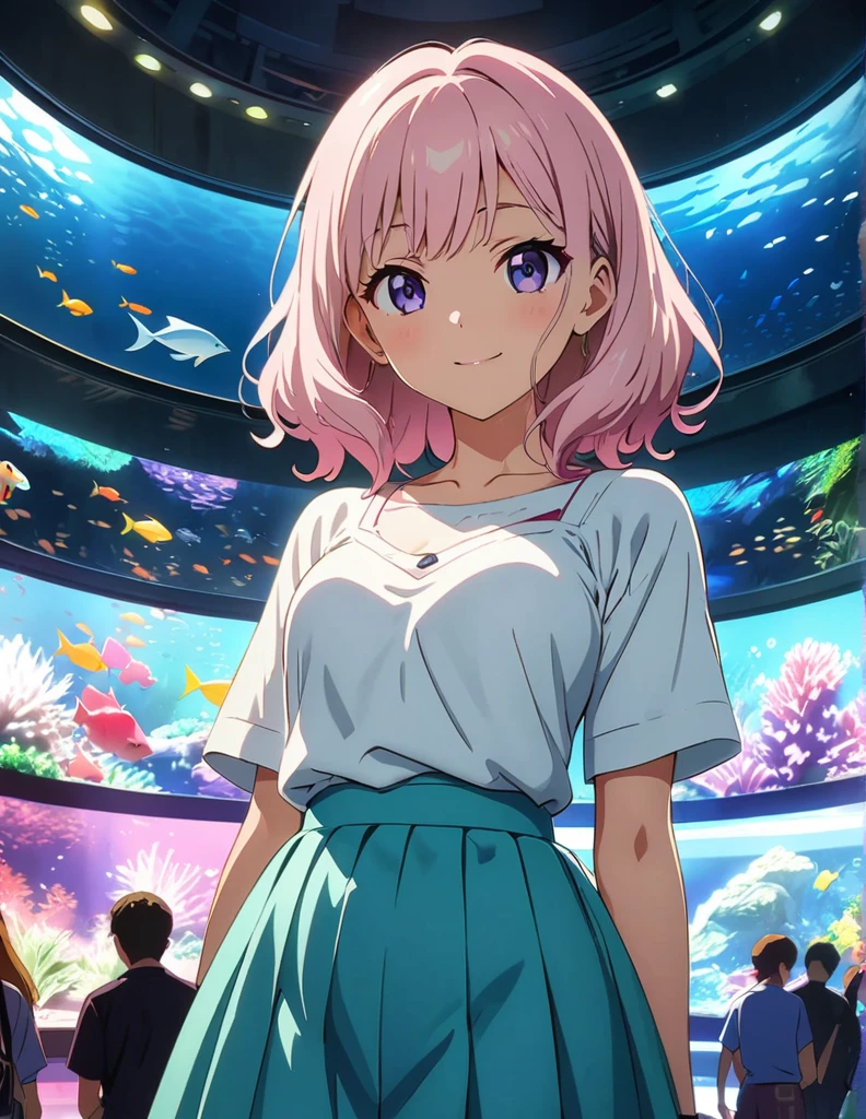 (anime artwork, anime style, studio anime, very detailed, up to date, vibrant, Anime Coloring, high contrast, masterpiece:1.2, best quality, best aesthetics),1 girl, Medium chest, A glimpse of thighs,happy,aquarium,light smile, summer clothes,crowd,