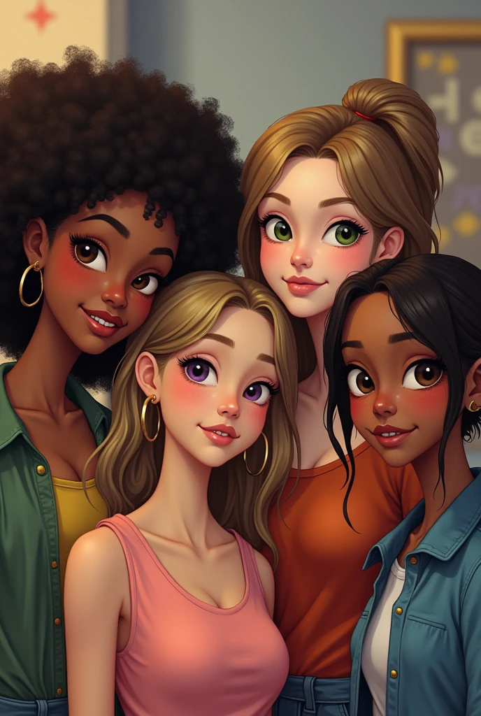Make 4 friends ages 19+ The 1 dark skinned, curly hair, long eyelashes, chubby The 2 white skin, small face, curly hair negro Enana y flaca
La 3 piel blanca, straight hair with golden highlights, with braces on teeth, thin face and thin body The 4 white skin, straight chocolate hair and chubby cheeks, slim body There are 4 women