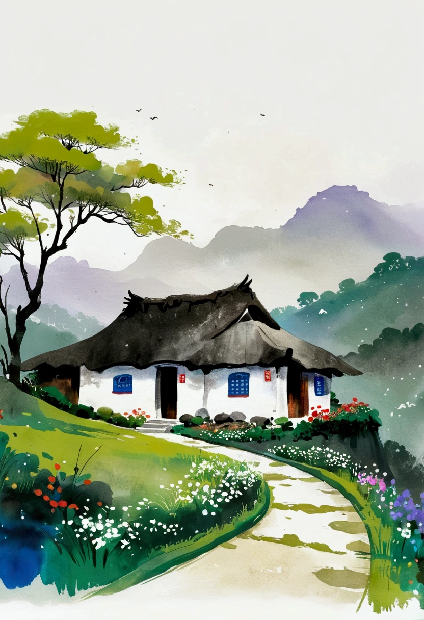 Sky占比2/3.Chinese Ink Painting Sketch:Semi-finished products,Peaceful and Freehand,artistic conception:2.Dot,A thatched cottage on a winding path,Minimalism,White background。(((Negative Space:2,Large area of blank:2, Bottom left corner composition)))。niji6 style