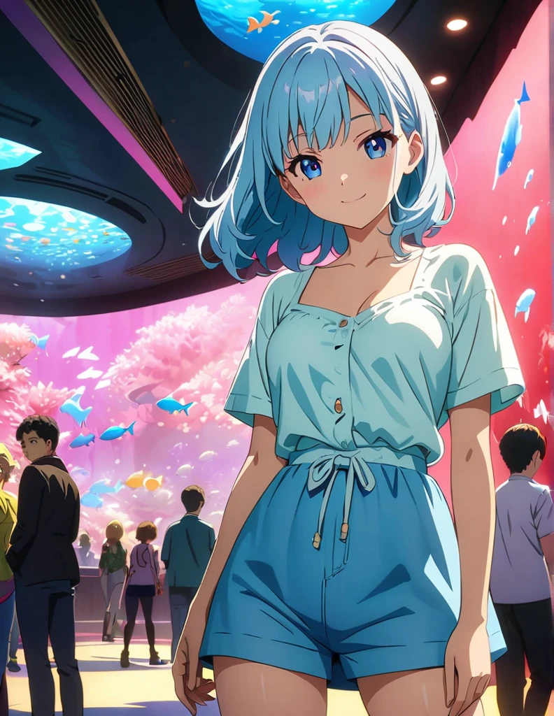 (anime artwork, anime style, studio anime, very detailed, up to date, vibrant, Anime Coloring, high contrast, masterpiece:1.2, best quality, best aesthetics),1 girl, Medium chest, A glimpse of thighs,happy,aquarium,light smile, summer clothes,crowd, 