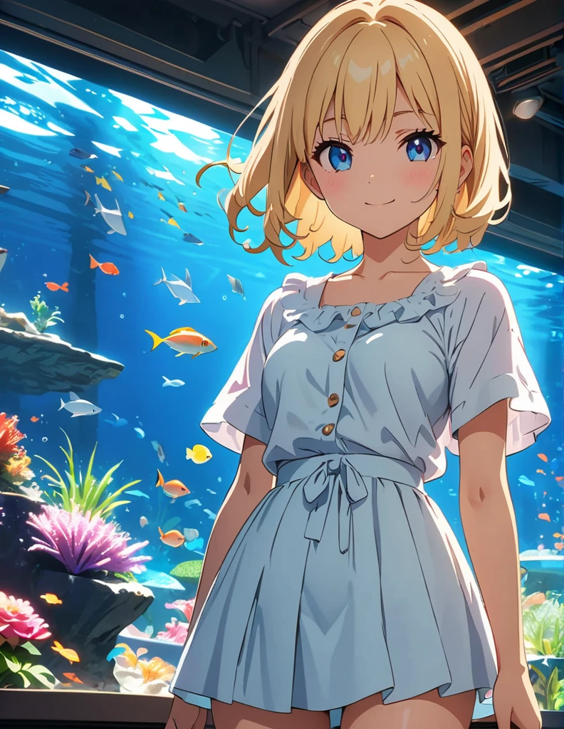 (anime artwork, anime style, studio anime, very detailed, up to date, vibrant, Anime Coloring, high contrast, masterpiece:1.2, best quality, best aesthetics),1 girl, Medium chest, A glimpse of thighs,happy,aquarium,light smile, summer clothes,crowd, 