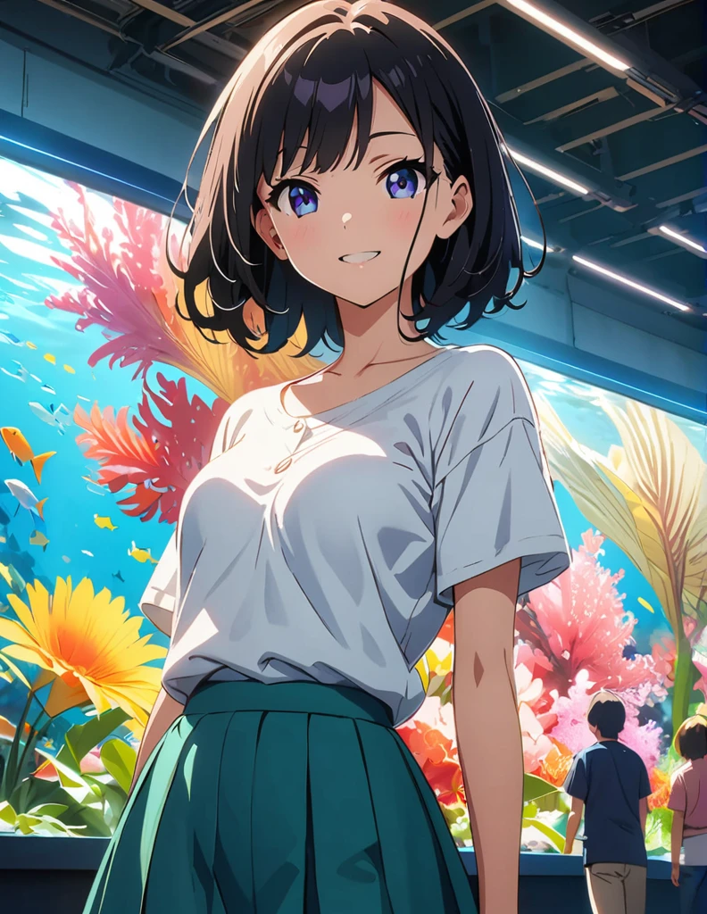 (anime artwork, anime style, studio anime, very detailed, up to date, vibrant, Anime Coloring, high contrast, masterpiece:1.2, best quality, best aesthetics),1 girl, Medium chest, A glimpse of thighs,happy,aquarium,light smile, summer clothes,crowd,